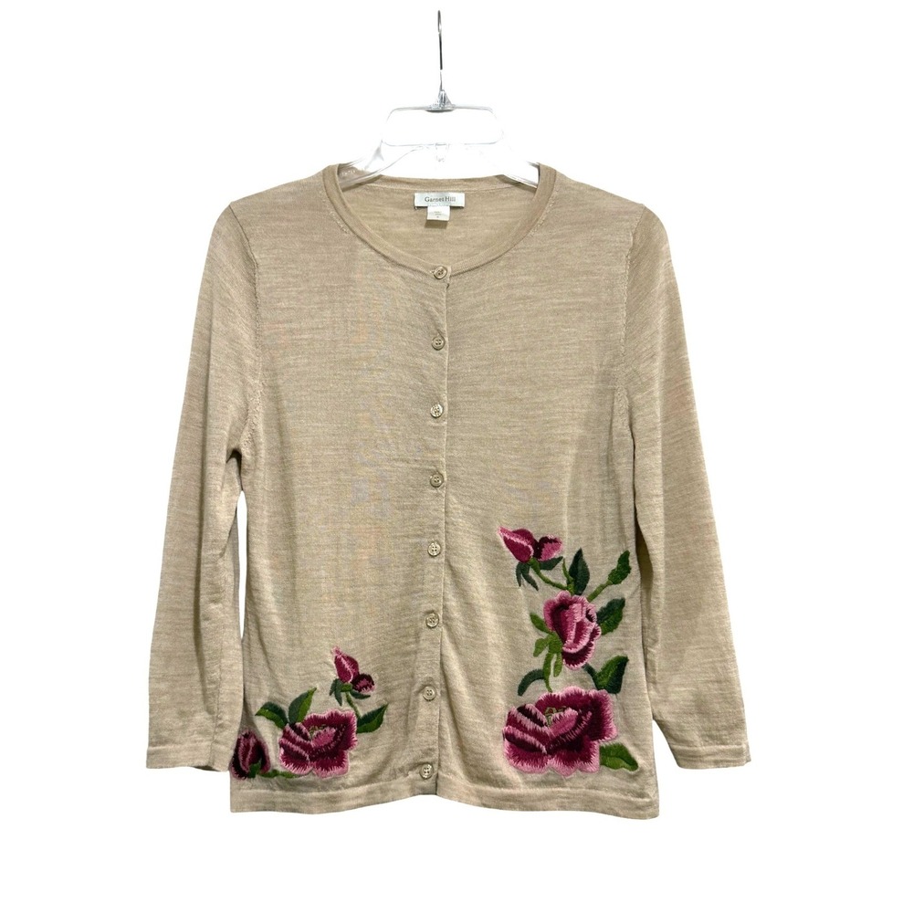 Garnet Hill Womens Beige 100% Merino Wool Floral Embroidered Cardigan Sweater S